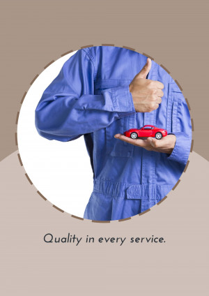 Mechanic holding a miniature red car and giving a thumbs up
