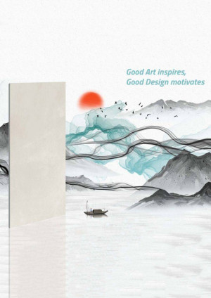 Watercolor landscape painting with a red sun, mountains, water, a boat, and a minimalist white structure, featuring the text 'Good Art inspires, Good Design motivates'.