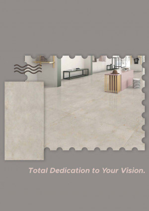 Close-up of a beige marble-look tile with a modern interior scene reflected in its surface.