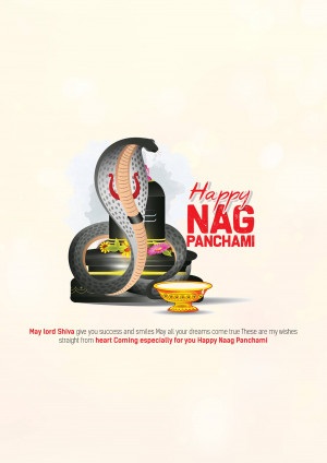 Illustration of a cobra coiled around a Shiva Lingam with the text 'Happy Nag Panchami'