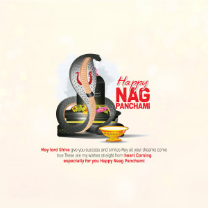 Illustration of a cobra coiled around a shivling with flowers and a lamp, with text 'Happy Nag Panchami'