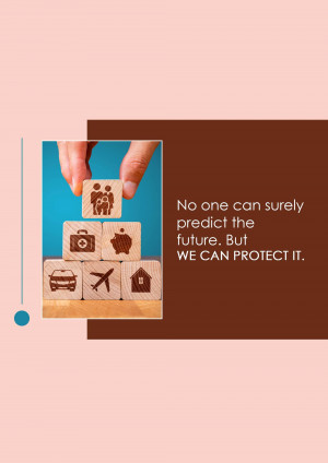 Wooden blocks with icons representing life events and protection, with text about future security.