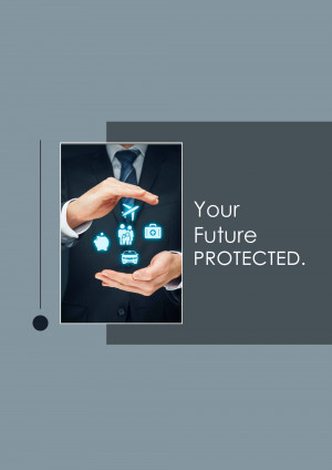 Hands holding glowing icons representing travel, home, and car insurance with the text 'Your Future Protected'.