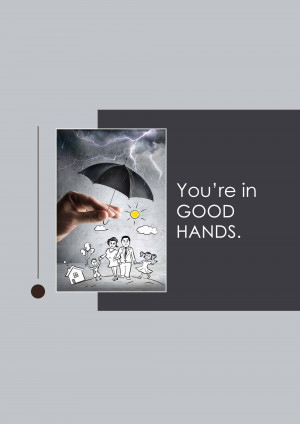 Hand holding a drawing of a family under an umbrella during a storm