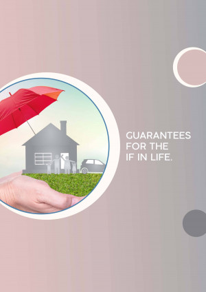 Hand holding a circle with a house, family, and umbrella representing insurance protection.