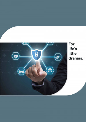 Hand touching a digital shield with icons representing various aspects of life.