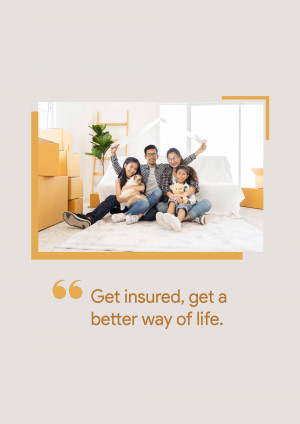 A happy family sitting amidst moving boxes with a quote about insurance.