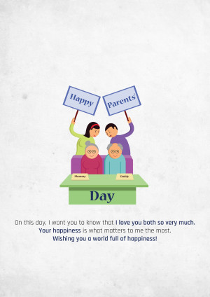 Illustration of a couple with their children holding signs that say 'Happy' and 'Parents' with the text 'Day' below them.
