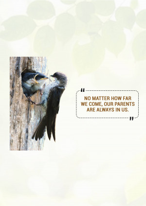 Two birds perched near a nest in a tree with a quote about parents.