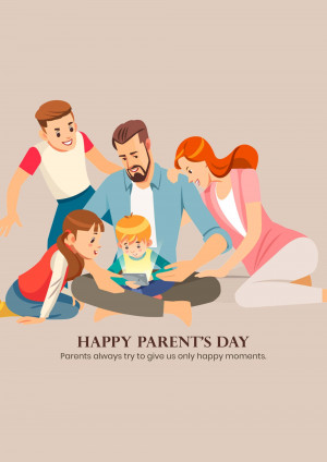 Family enjoying time together looking at a mobile phone, with 'Happy Parent's Day' text.