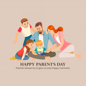 A family of five gathered around a tablet, celebrating Parent's Day.