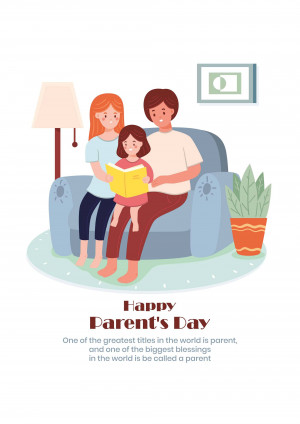 Illustration of a family reading together on a sofa with 'Happy Parents Day' text.