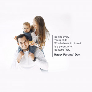 A family of three - father carrying child on shoulders, mother looking at child - celebrating Parents' Day