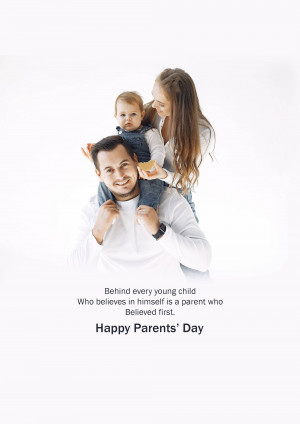 A happy family with a father carrying a baby on his shoulders and a mother looking at them with affection.