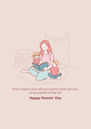 Illustration of a mother reading to her two children with a 'Happy Parents' Day' message.