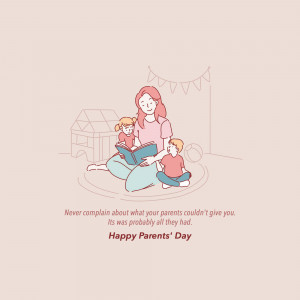 Illustration of a mother reading to her two children with a 'Happy Parents' Day' message.