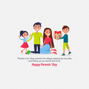 Illustration of a family with a gift, celebrating Parents' Day.