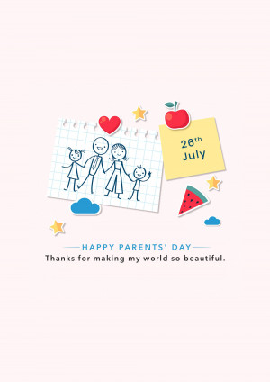 Illustration of a family with doodles and a 'Happy Parents' Day' message.