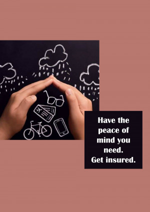 Hands protecting belongings under a chalkboard with rain and insurance text