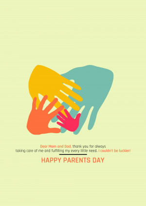 Illustration of colorful hands representing a family with text 'Happy Parents Day'