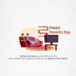 Illustration of a family relaxing in their living room with the text 'Happy Parents Day'.
