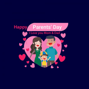 Illustration of a family with the text 'Happy Parents' Day I Love You Mom & Dad'