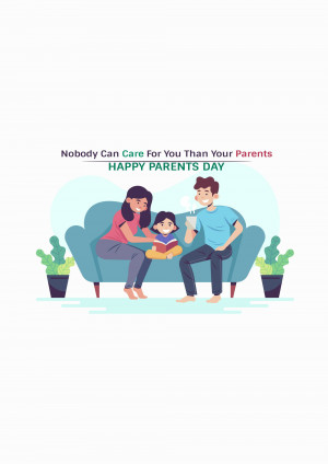 Illustration of a family reading together on a couch with text 'Happy Parents Day'