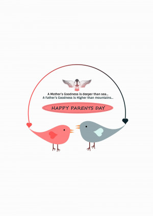 Illustration of two birds facing each other with a heart-shaped design and text wishing a Happy Parents Day.