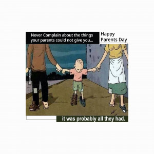 Cartoon depicting a child held by parents with a message about appreciating what you have.