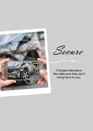 Image of a damaged car being photographed with a smartphone, promoting secure insurance services.