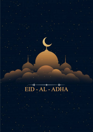 Eid al-Adha greeting with mosque silhouette and crescent moon