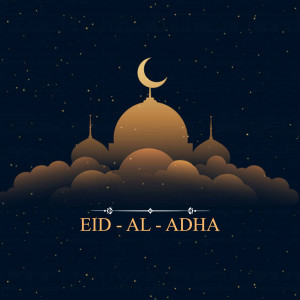 Eid al-Adha greeting with a crescent moon, mosque, and clouds