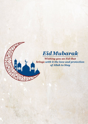 Eid Mubarak greeting with crescent moon and mosque silhouette