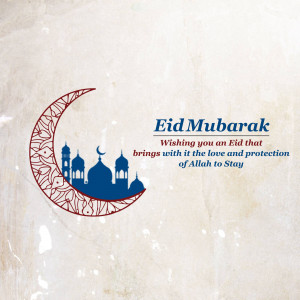 Eid Mubarak card with crescent moon and mosque silhouette