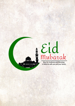 Eid Mubarak greeting card with crescent moon, mosque, and text