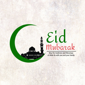 Eid Mubarak greeting with crescent moon, mosque silhouette, and text