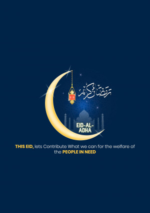 Eid Al-Adha greeting with crescent moon, lantern, and mosque