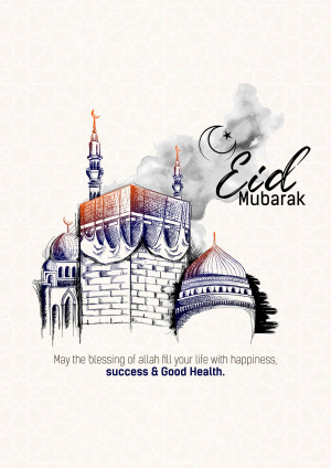 Illustration of the Kaaba and crescent moon with Eid Mubarak greeting