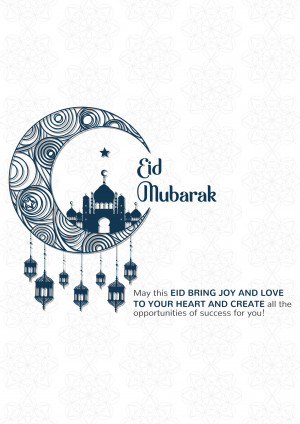 Eid Mubarak greeting with crescent moon, mosque, and lanterns