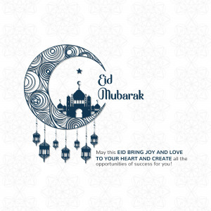 Eid Mubarak illustration with crescent moon, mosque, and lanterns