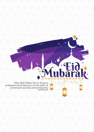 Eid Mubarak greeting with mosque and lanterns
