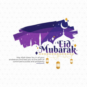 Eid Mubarak greeting with mosque, crescent moon, and lanterns