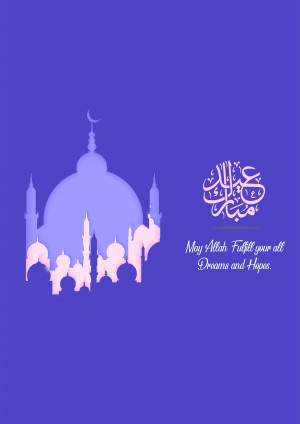 Eid Mubarak illustration with mosque and crescent moon