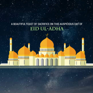 Eid al-Adha greeting with mosque illustration