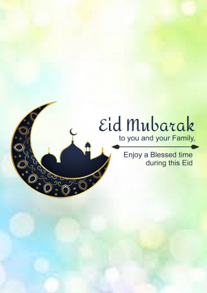 Eid Mubarak greeting with crescent moon and mosque silhouette
