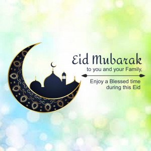 Eid Mubarak greeting card with crescent moon and mosque silhouette