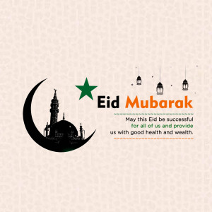 Eid Mubarak greeting card with crescent moon, mosque, and star