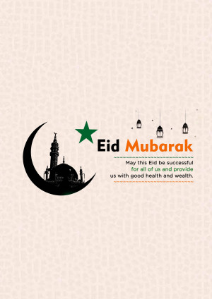 Eid Mubarak greeting card with crescent moon, mosque, and star