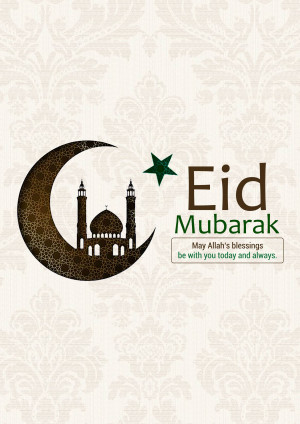 Eid Mubarak greeting with crescent moon, mosque, and star