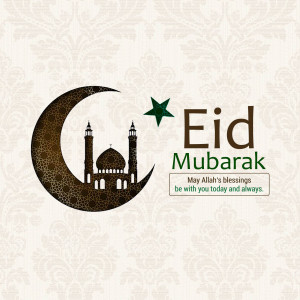 Eid Mubarak with Crescent Moon and Mosque